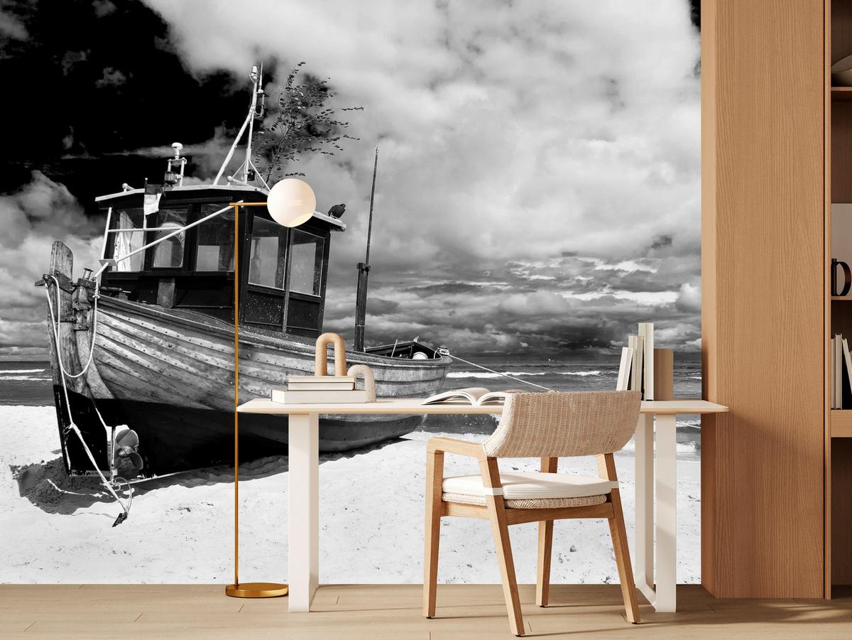 FOTOTAPETE für Wohnzimmer Schwarz-Weiß Boot Strand Meer 100x70 - Schwarz/Weiß, Papier (100/70cm) - Muralo