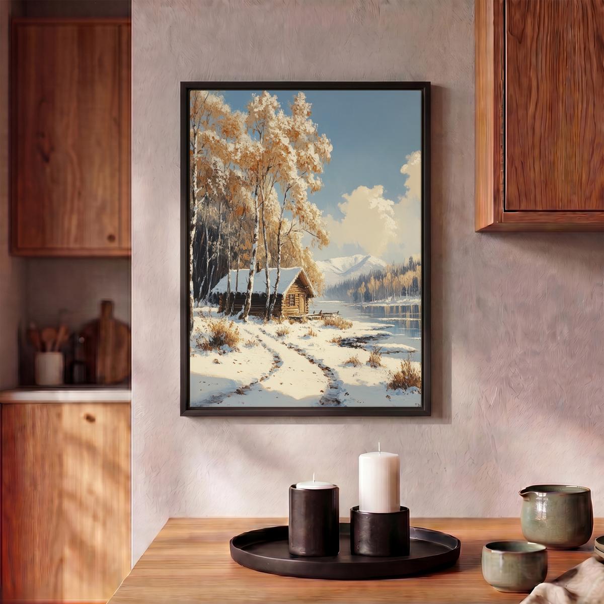 LEINWAND Bilder mit Rahmen - Winter - Schnee - Zuhause - Natur - 30x40 - Hellbraun, Textil (30/40cm) - MuchoWow