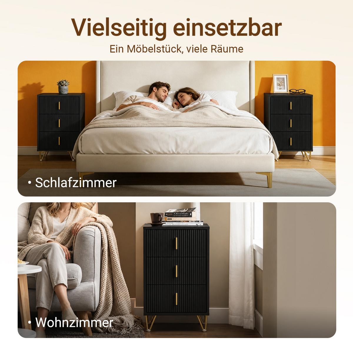 NACHTTISCH 2er Set, Beistelltisch mit 3 Schubladen modern Schwarz 40x40x63cm - Schwarz, Holzwerkstoff (40/63/36cm) - SoBuy