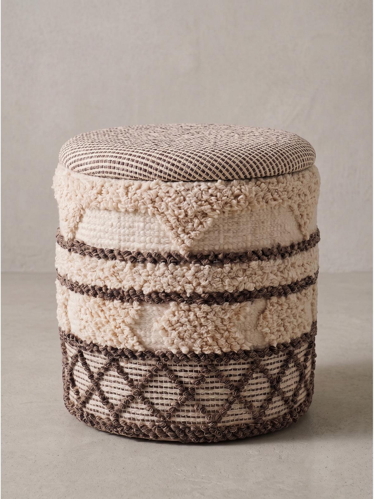 SITZHOCKER RHONE, Stoff, mit Textilbezug, mit Rauten, Beige-Braun, Ø 40 x 45 cm - Beige, Textil (40/45/40cm) - KADIMA DESIGN