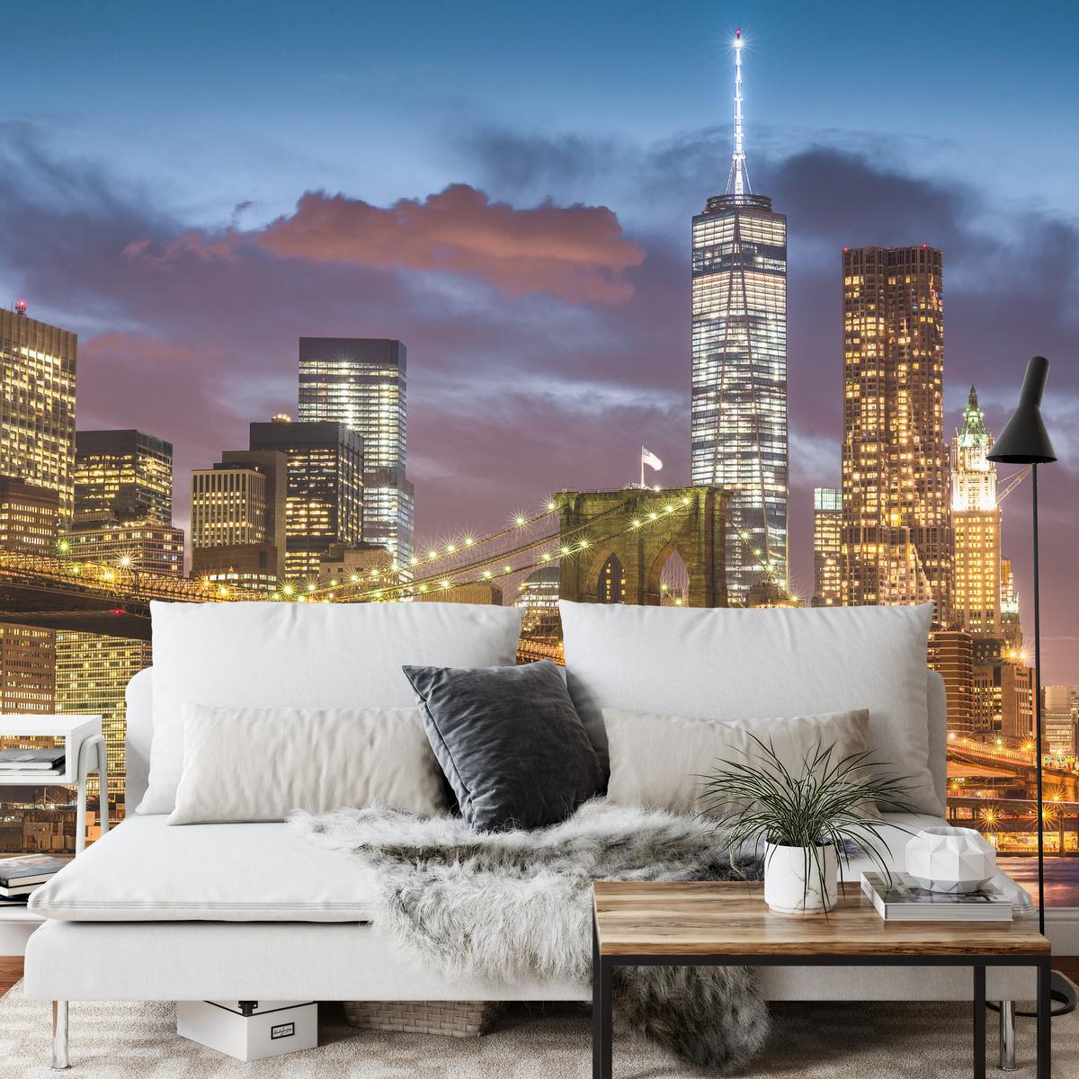 FOTOTAPETE für Wohnzimmer New York Nacht Brooklyn Bridge Wolkenkratzer 200x140 - Blau/Gelb, Papier (200/140cm) - Muralo
