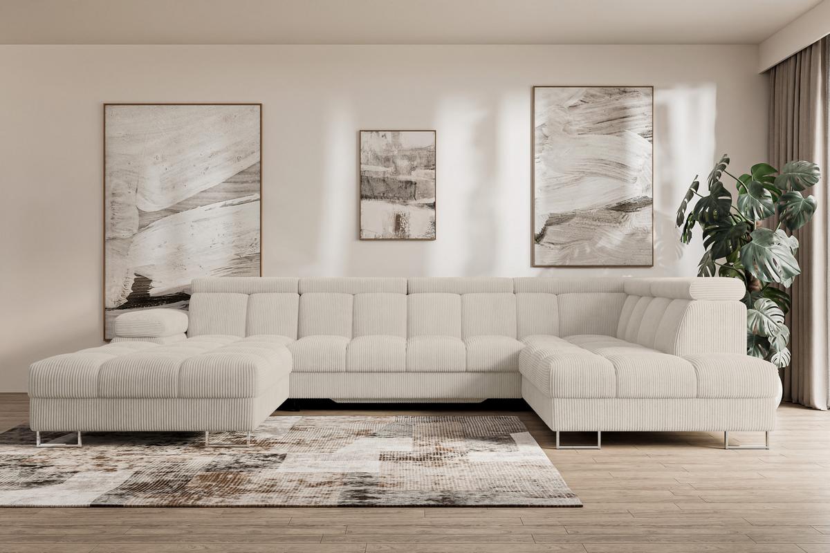 WOHNLANDSCHAFT mit Schlaffunktion und Bettkasten Ottomane RECHTS COMA U 345x203x79 Beige Cord - Beige, Holzwerkstoff/Textil (203/79/345cm) - ALTDECOR