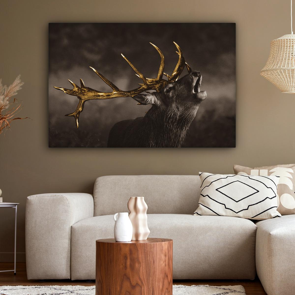 LEINWANDBILD Rotwild - Schwarz - Gold Wohnzimmer Groß 120x80 cm - Braun, Textil (120/80cm) - MuchoWow