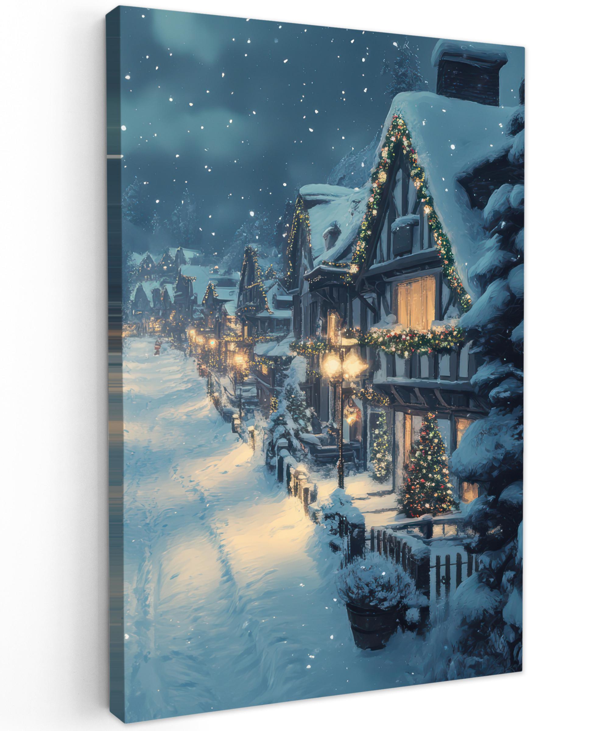 LEINWANDBILD Weihnachtsdorf - Weihnachten - Schnee - Winter Deko Groß 90x140 cm - Dunkelblau, Textil (90/140cm) - MuchoWow