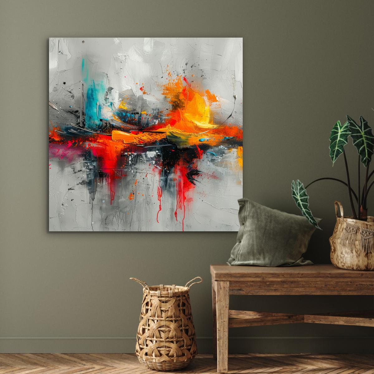 METALLBILD Moderne Kunst - Orange - Grau - Abstrakt 90x90 cm - Hellgrau, Metall (90/90cm) - MuchoWow
