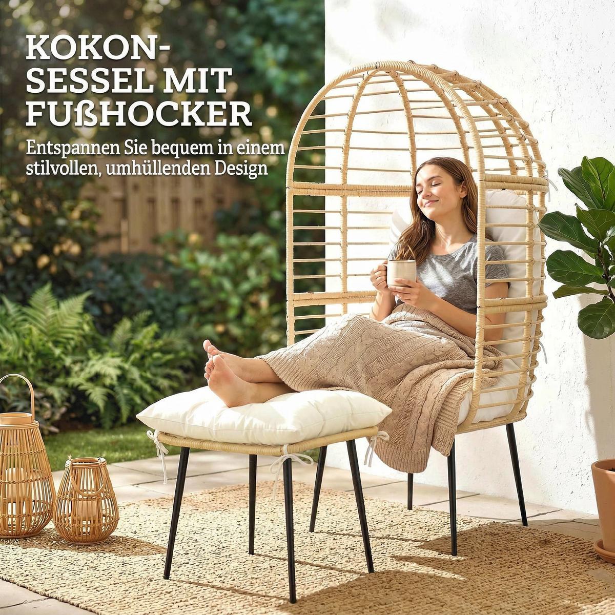 EIERSESSEL PE-Rattan Stahl Beige - Beige/Creme, Kunststoff/Textil (65/147/76cm) - Outsunny