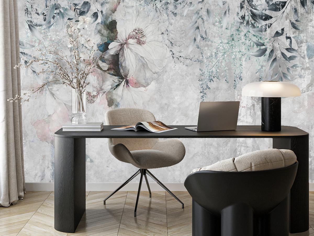 FOTOTAPETE für Schlafzimmer Zarte Blätter Beton Blumen Natur 200x140 - Schwarz/Rosa, Papier (200/140cm) - Muralo