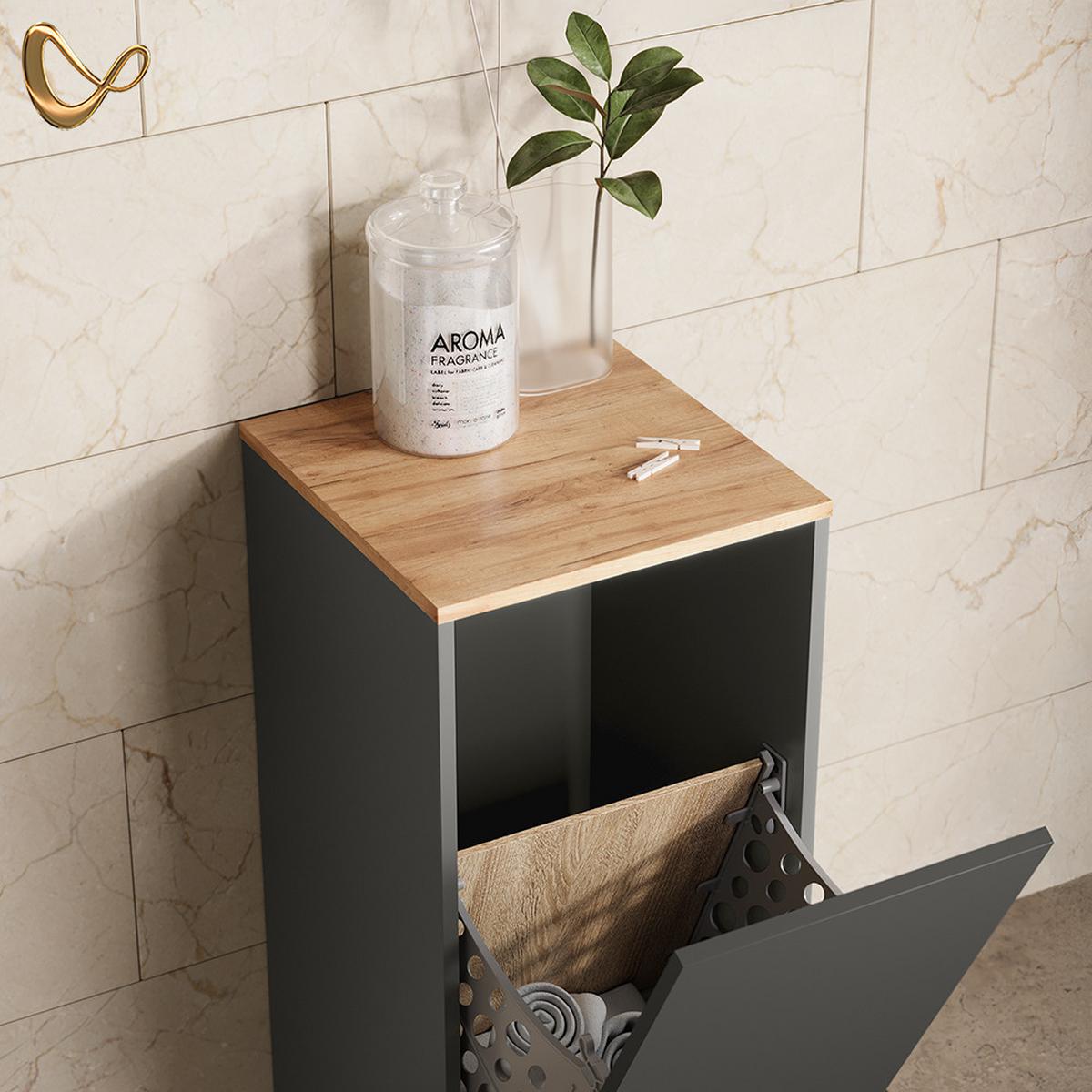 BADSCHRANK Paolina Anthrazit/Goldkraft Eiche 40.2 x 88.2 cm mit Wäschkorb - Honigeiche/Anthrazit, Holzwerkstoff (40.2/88.2/40.5cm) - Livinity®