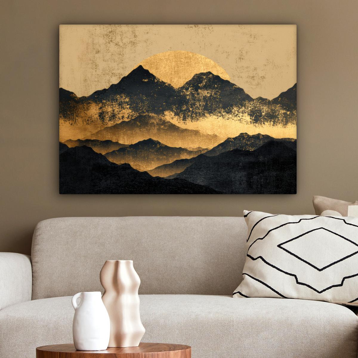 LEINWANDBILD Goldene Berge bei Mondschein Wandbilder 80x60 cm - Goldfarben, Textil (80/60cm) - MuchoWow