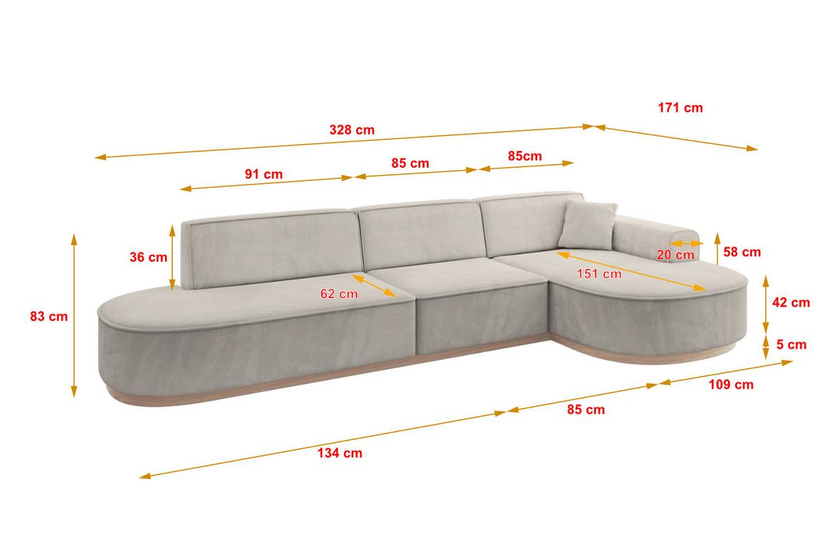 ECKSOFA Ottomane Rechts MARI-L2-v1 - 328x171x83 cm Hellbraun Velours - Hellbraun, Holzwerkstoff/Textil (171/328cm) - ALTDECOR