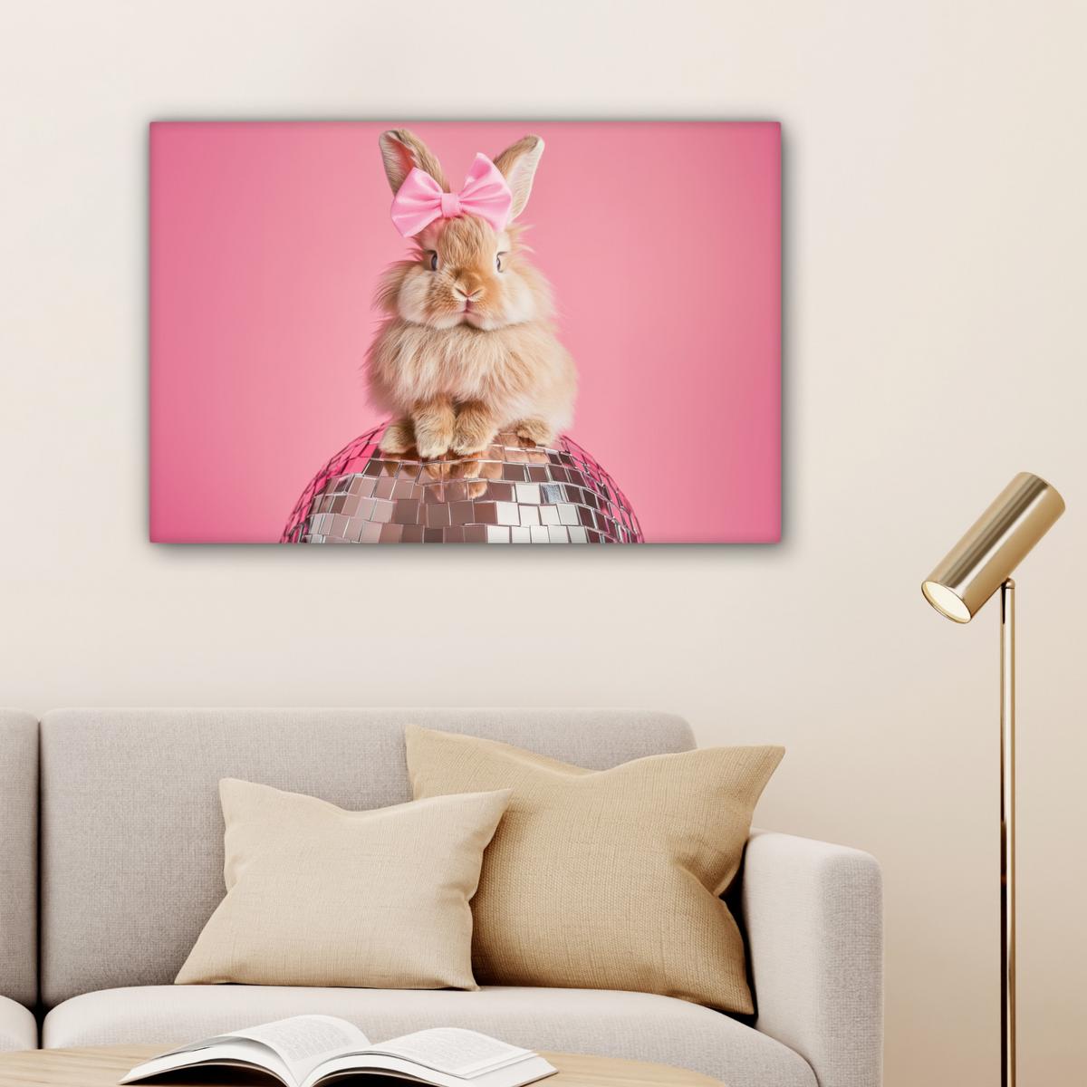 LEINWANDBILD Schleife - Discoball - Kaninchen Wanddeko 90x60 cm - Pink, Textil (90/60cm) - MuchoWow