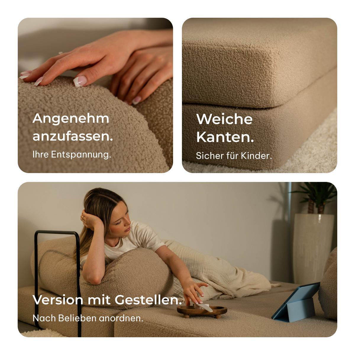 ECKSOFA KELI modulares Boneless Sofa mit Schlaffunktion Hellgrau Boucle-Stoff - Hellgrau, Textil (270/160cm) - MASSENO