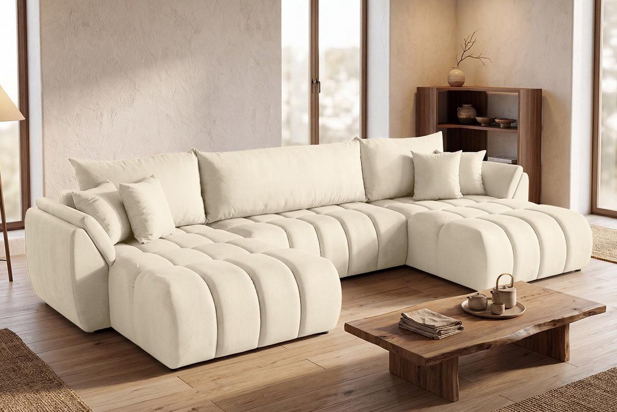 ECKSOFA Iris U mit Schlaffunktion und Bettkasten, U-Form – Beige Samt 382/184/85 cm - Ecru/Beige, Kunststoff/Textil (382/184cm) - WFL GROUP