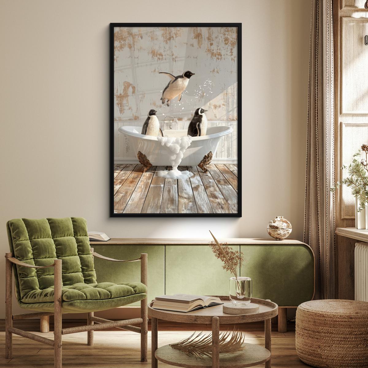 POSTER MIT RAHMEN Vintage - Pinguin - Badewanne - Schaumstoff Bilderleiste 80x120 cm - Schwarz, Papier (80/120cm) - MuchoWow