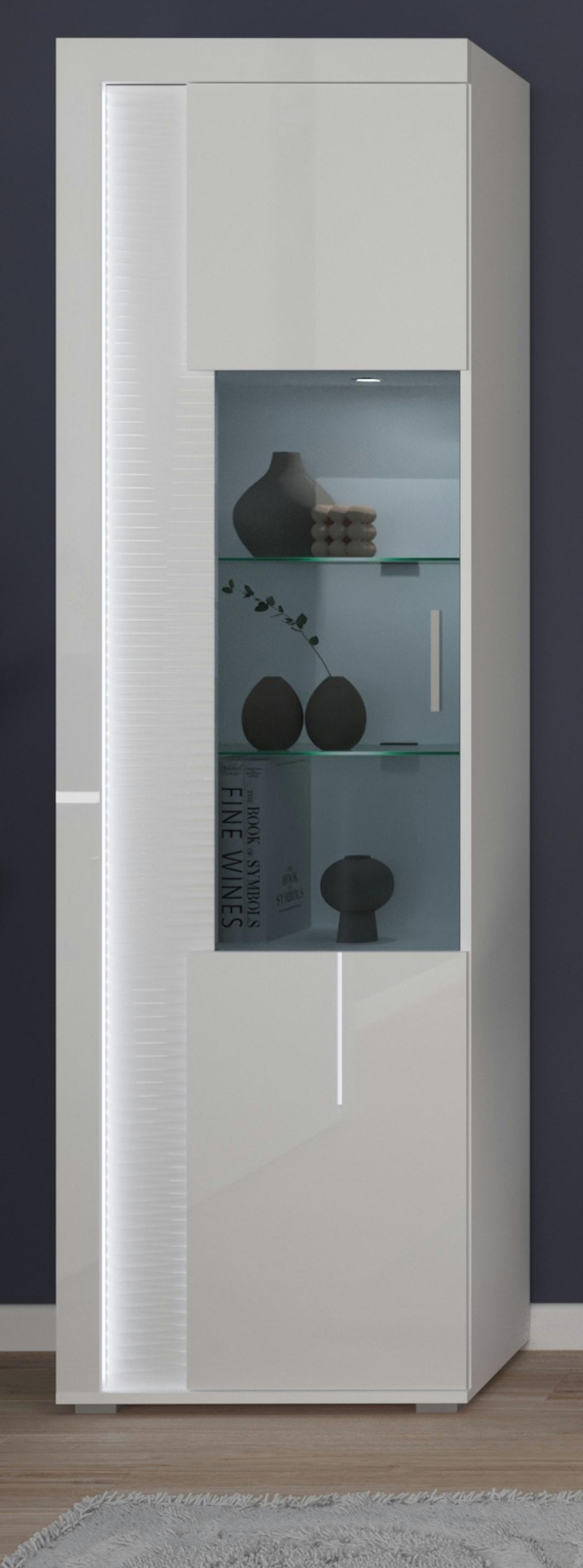 VITRINE weiß Hochglanz 60 x 200 cm, Soft-Close-Funktion, inkl. Beleuchtung - Weiß Hochglanz/Silberfarben, Glas/Holzwerkstoff (60/202/37cm) - Inn.Furn