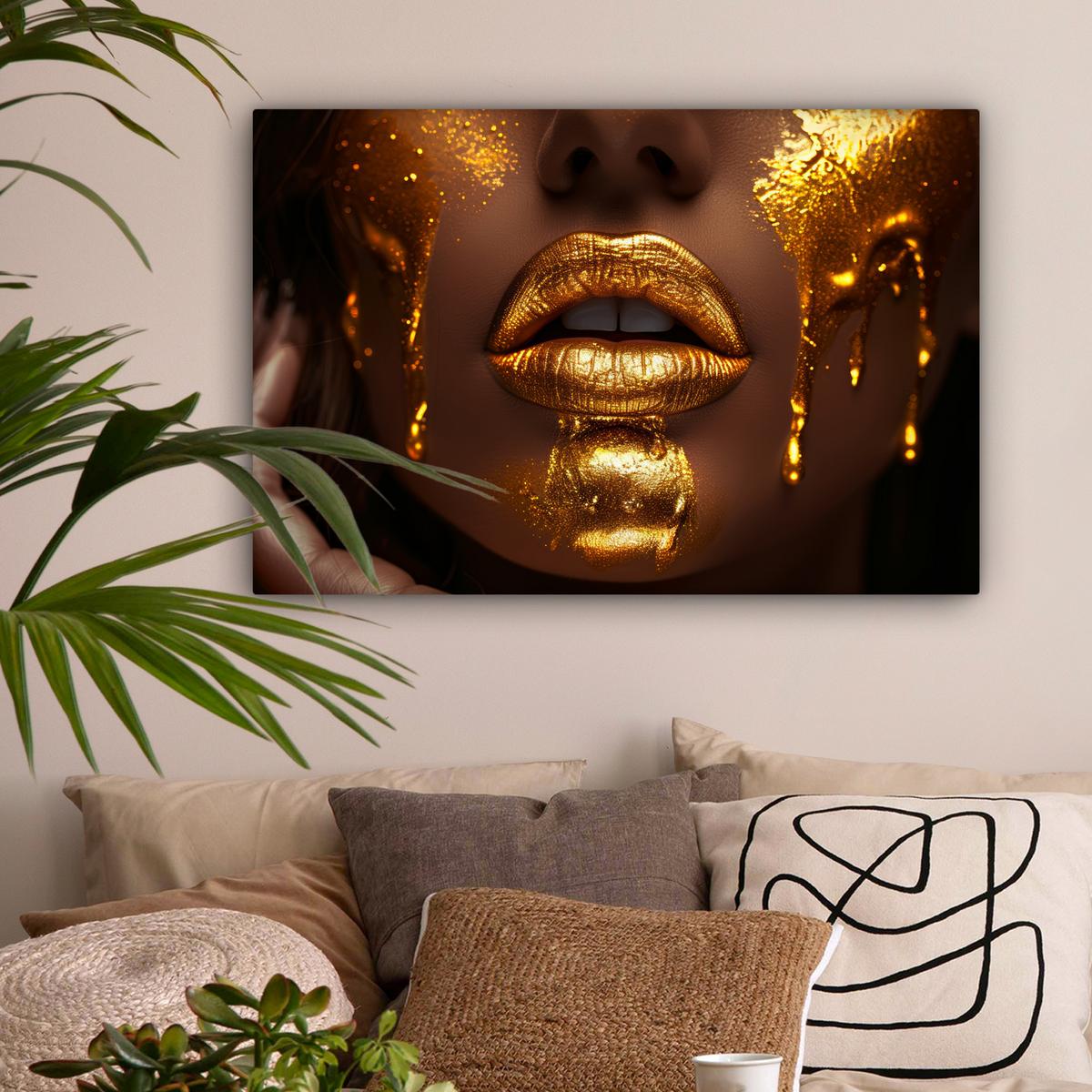 LEINWANDBILD Frau - Gold - Luxus - Porträt Gemälde 60x40 cm - Goldfarben, Textil (60/40cm) - MuchoWow