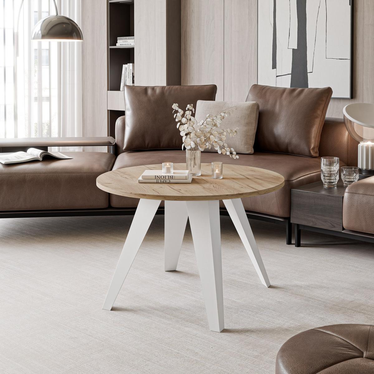 COUCHTISCH FERRO 75/50 cm runden, Weiß / Craft-Eiche - Eichefarben/Weiß, Metall (75/75/50cm) - Idohome