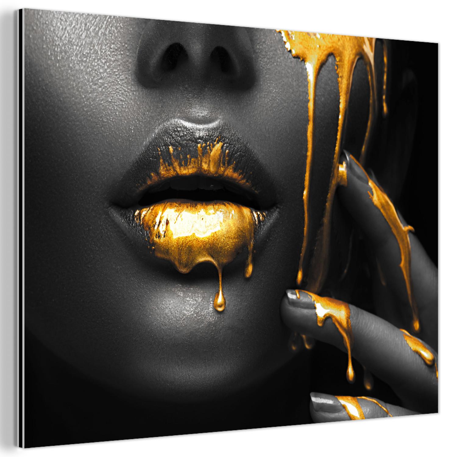 METALLBILD Frau - Schwarz - Gold - Gesicht - Lippen 40x30 cm - Goldfarben, Metall (40/30cm) - MuchoWow