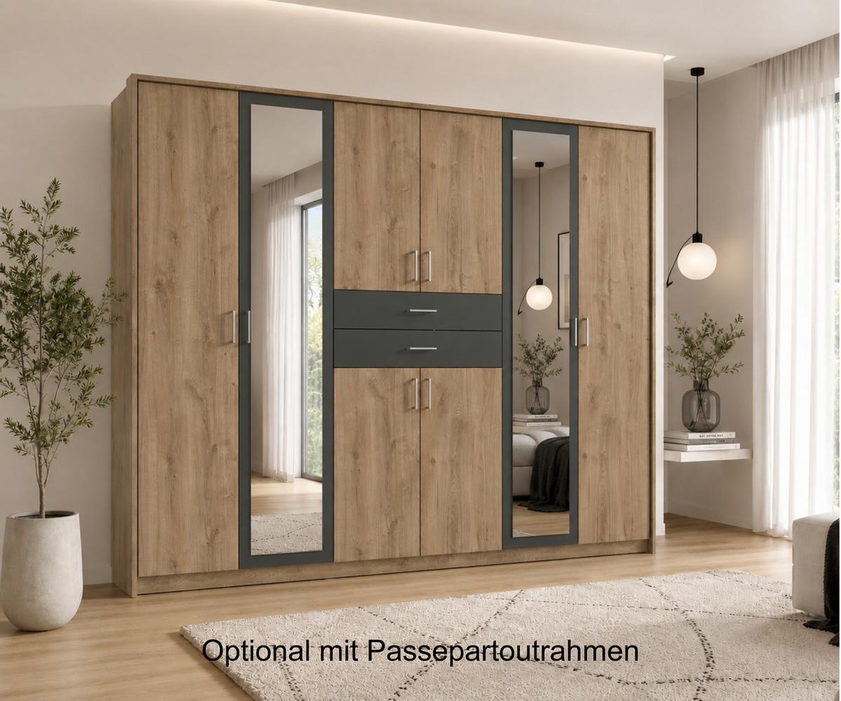 DREHTÜRENSCHRANK B270/H208/T58 cm, Eiche Dekor mit Absetzungen in Grafit, Kleiderschrank mit 2 Spiegeltüren & Schubkästen / 22596 - Eichefarben/Silberfarben, Holzwerkstoff/Kunststoff (270/208/58cm) - luma-home