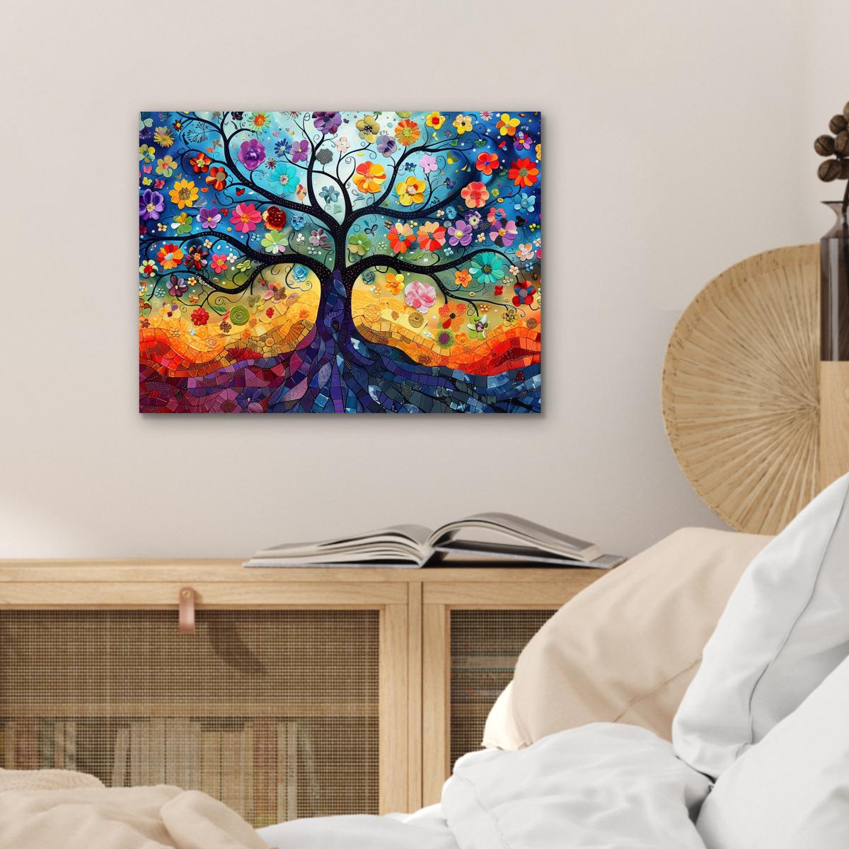 METALLBILD Kunst - Baum des Lebens - Blumen - Hippie 40x30 cm - Dunkelblau, Metall (40/30cm) - MuchoWow