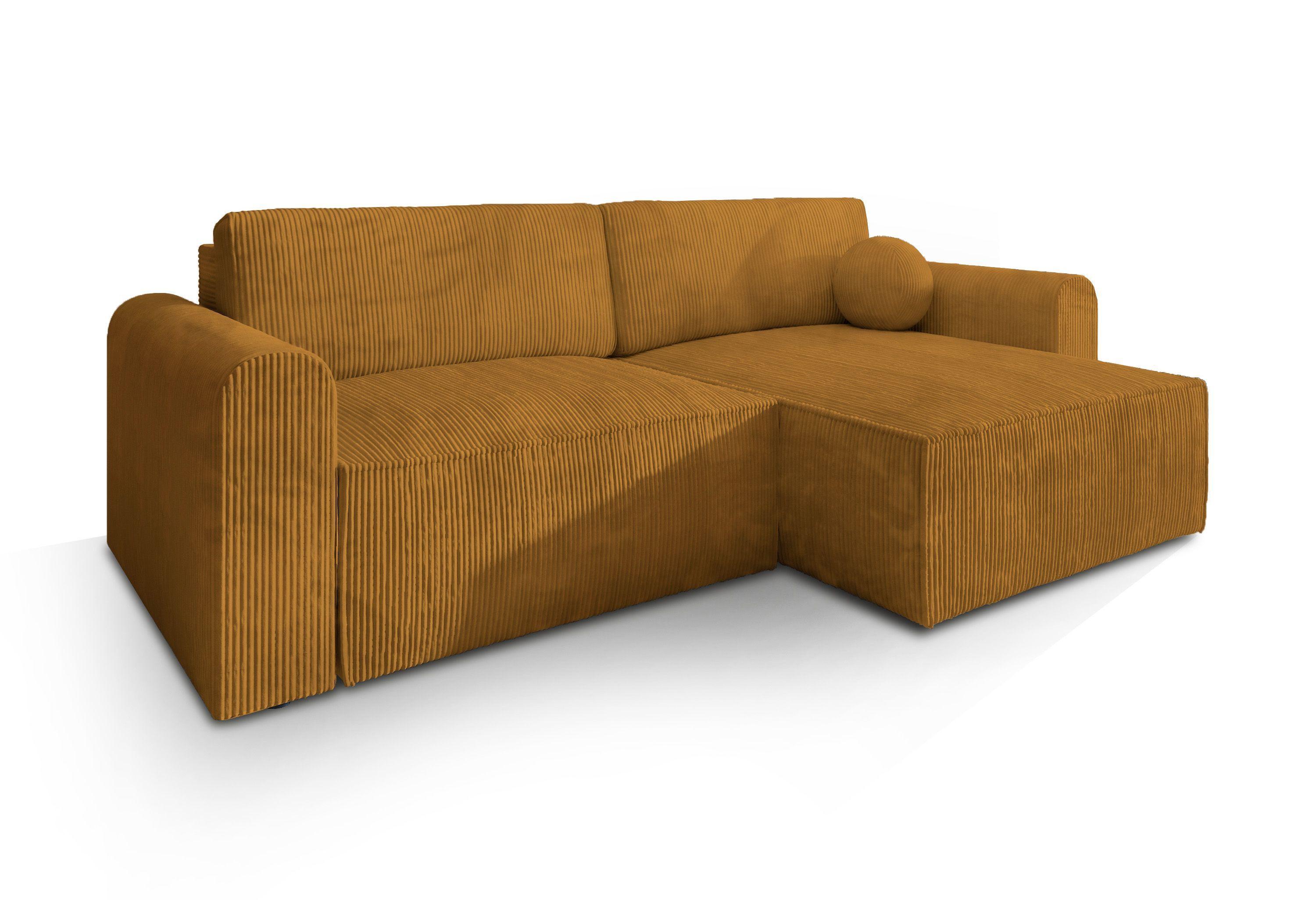 ECKSOFA FIANO P Gelb Kordstoff mit Schlaffunktion - Gelb/Grau, Holz/Kunststoff (245/148cm) - MASSENO
