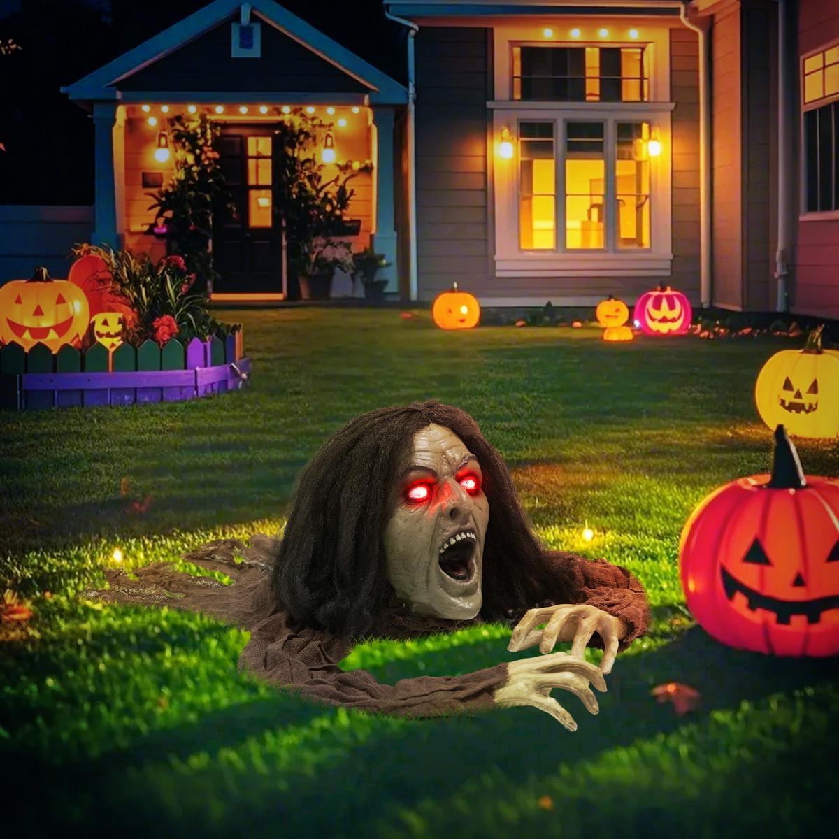 HALLOWEEN-DEKORATION kriechender Zombie 140 cm mit LED-Augen, Soundfunktion - Braun, Textil (60/20/140cm) - Outsunny