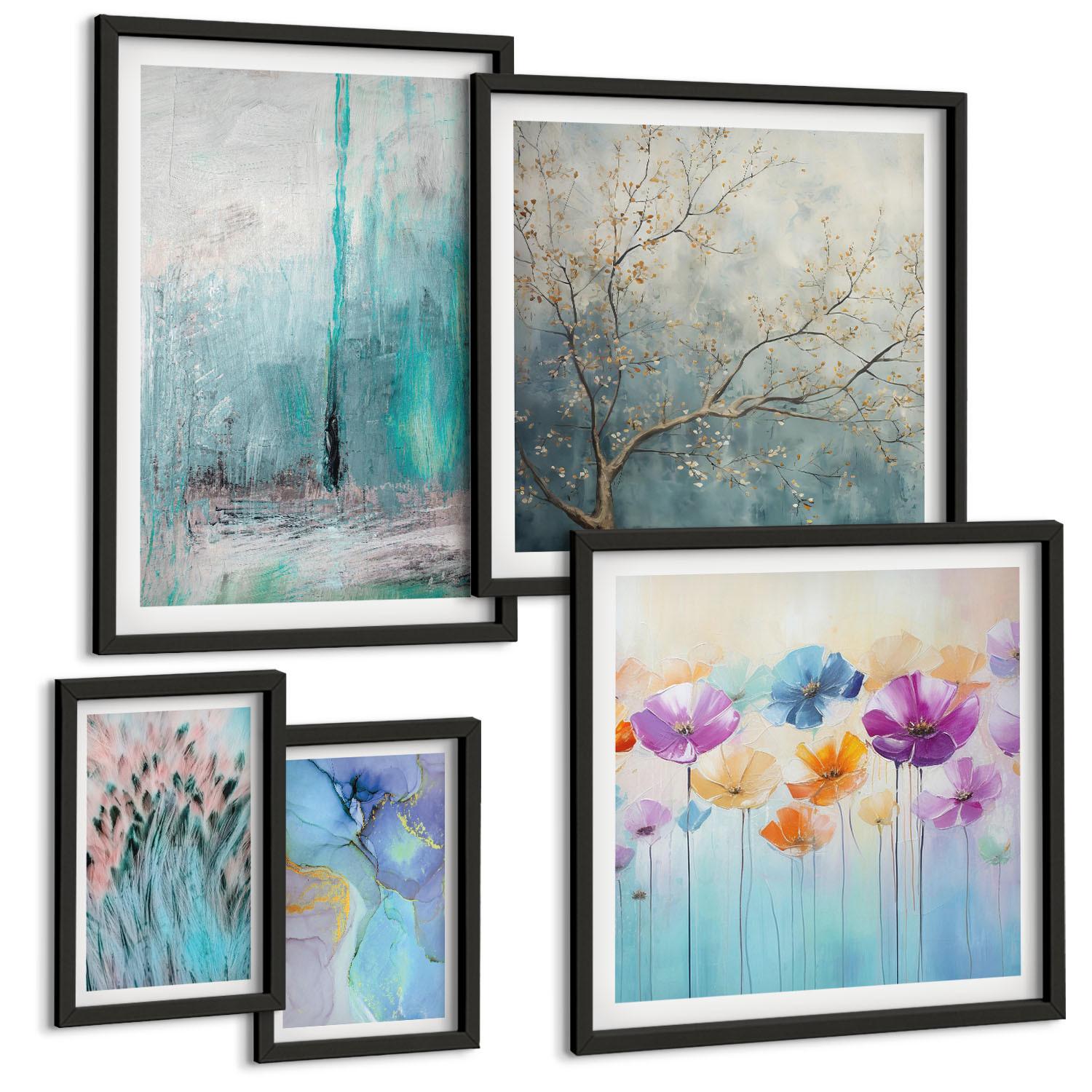 BILDER SET 5er Set - 50x50 cm & 20x30 cm & 40x60 cm Schwarzer Rahmen - Leuchtturm, Landschaft, Mädchen, Pferd - Schwarz, Kunststoff (40/60cm) - TULUP