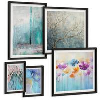 BILDER SET 5er Set - 50x50 cm & 20x30 cm & 40x60 cm Schwarzer Rahmen - Leuchtturm, Landschaft, Mädchen, Pferd - Schwarz, Kunststoff (40/60cm) - TULUP