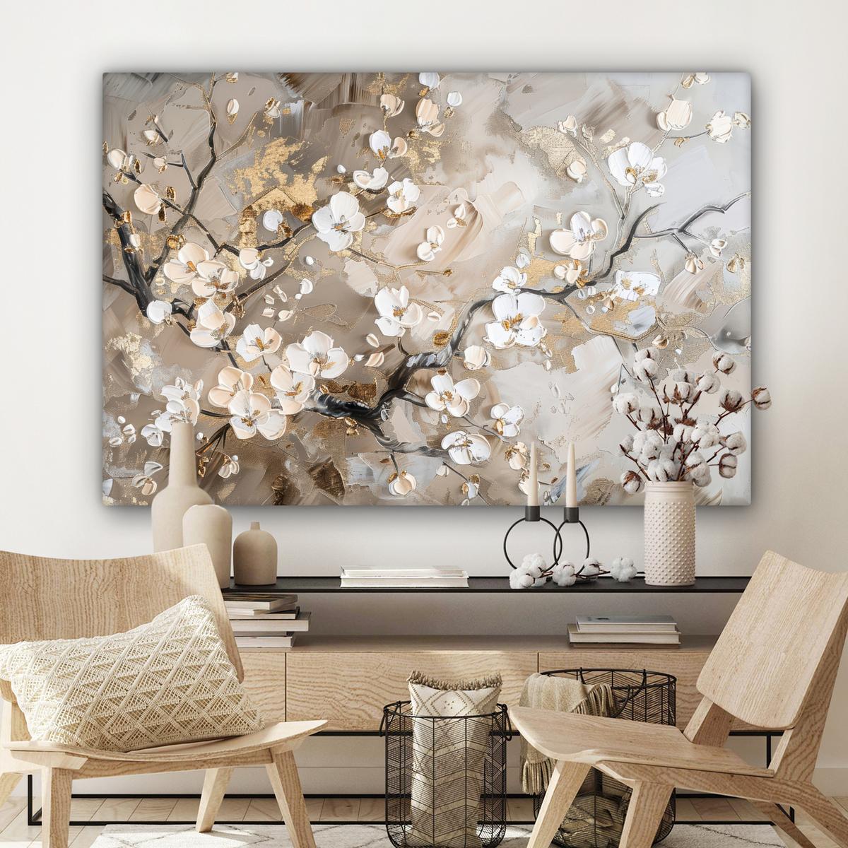 LEINWANDBILD Blumen - Weiß - Gold - Beige - Luxus Wohnzimmer Groß 120x80 cm - Greige, Textil (120/80cm) - MuchoWow