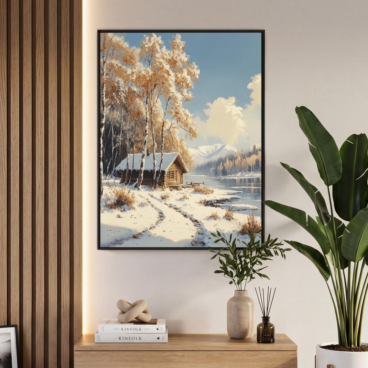 LEINWAND Bilder mit Rahmen - Winter - Schnee - Zuhause - Natur - 70x100 - Hellbraun, Textil (70/100cm) - MuchoWow