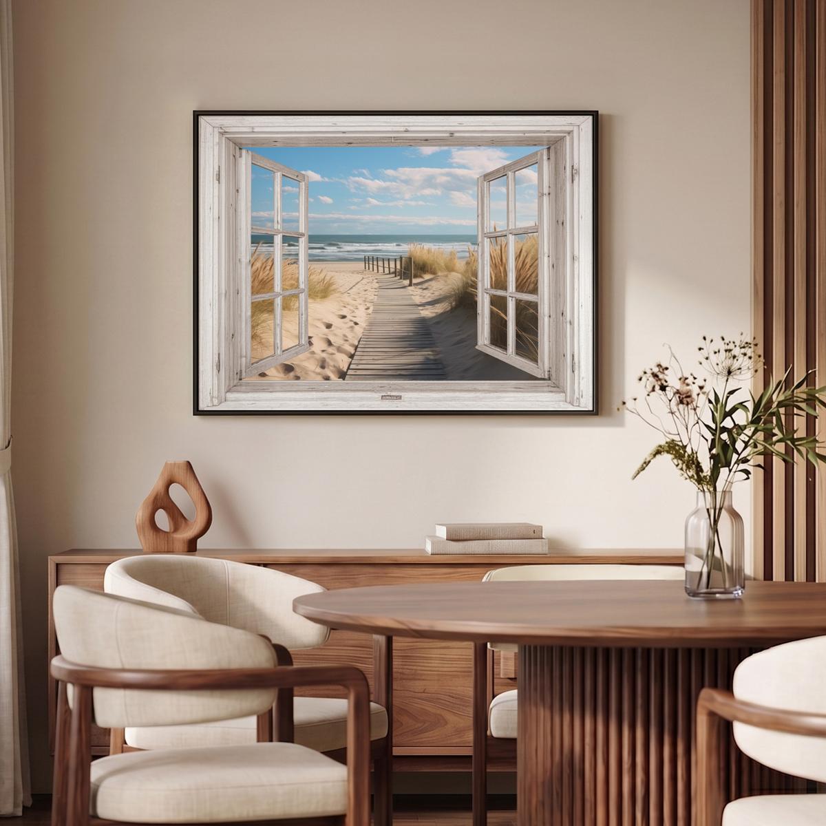 LEINWAND Bilder mit Rahmen - Fenster - Meer - Küste - Natur - Ausblick - Strand - Wattenmeer - 100x70 - Beige, Textil (100/70cm) - MuchoWow