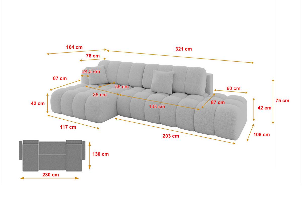 ECKSOFA mit Schlaffunktion Ottomane Links OLEA-L2 321x164x75 Hellgrau Bouclé - Hellgrau/Schwarz, Holzwerkstoff/Kunststoff (321/164cm) - ALTDECOR
