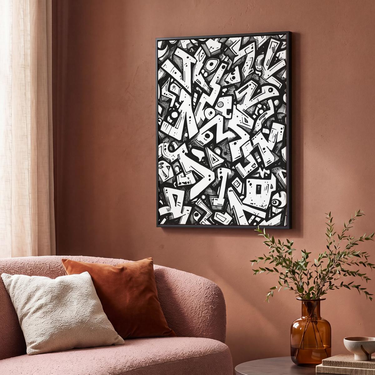 LEINWAND Bilder mit Rahmen - Formen - Buchstaben - Graffiti - Schwarz - 70x100 - Schwarz, Textil (70/100cm) - MuchoWow