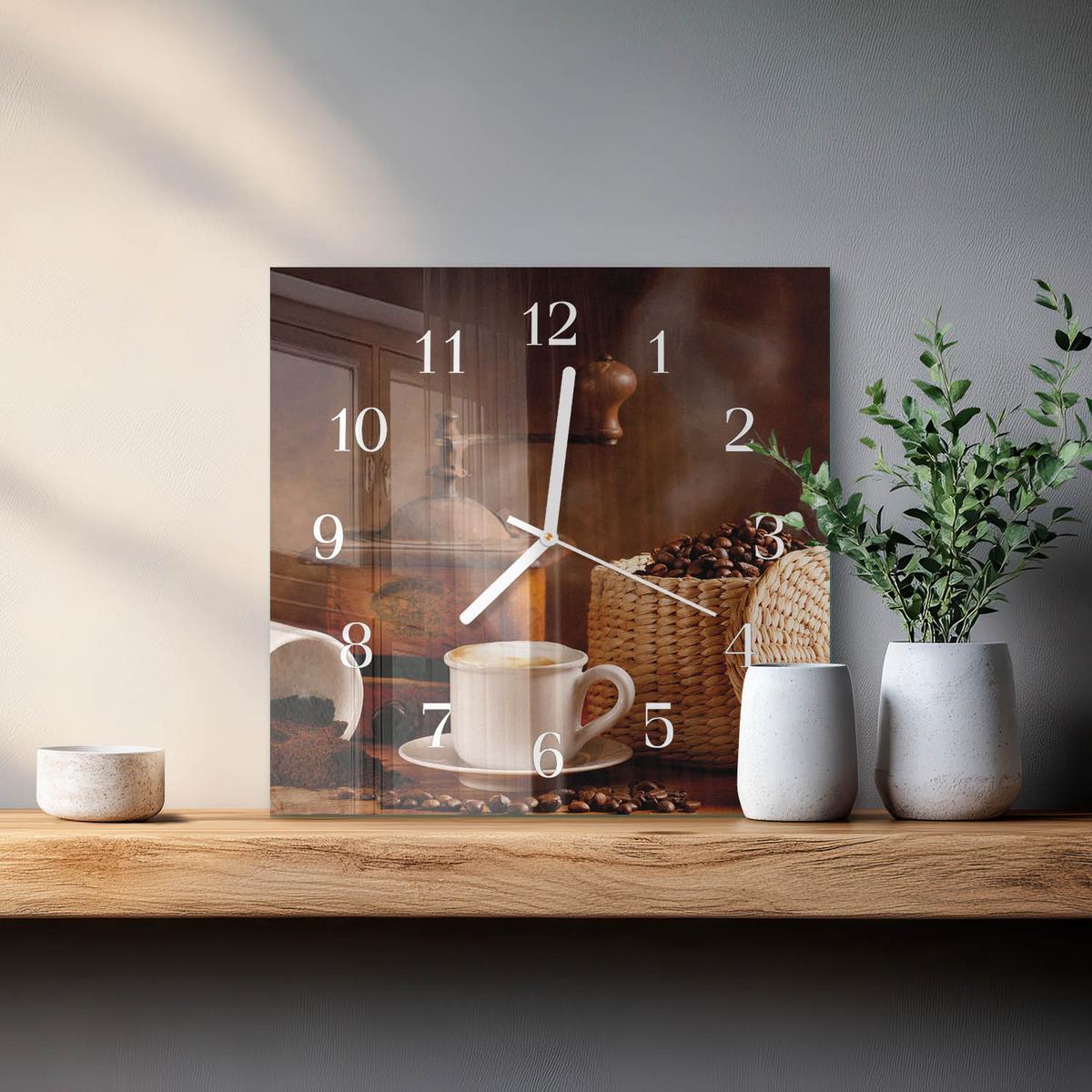 WANDUHR aus Glas 30x30 cm - Tasse Kaffee - Braun, Glas (30/30/0.4cm) - TULUP