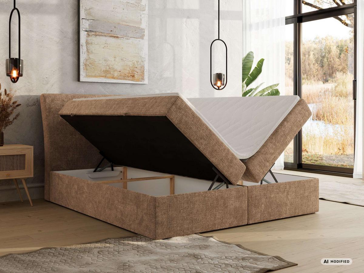 BOXBETT DAGOS 200/200 - Hellbraun Schenille grob gewebt - Topper Visco - H3 - Hellbraun/Schwarz, Kunststoff/Textil (200/200cm) - MKS