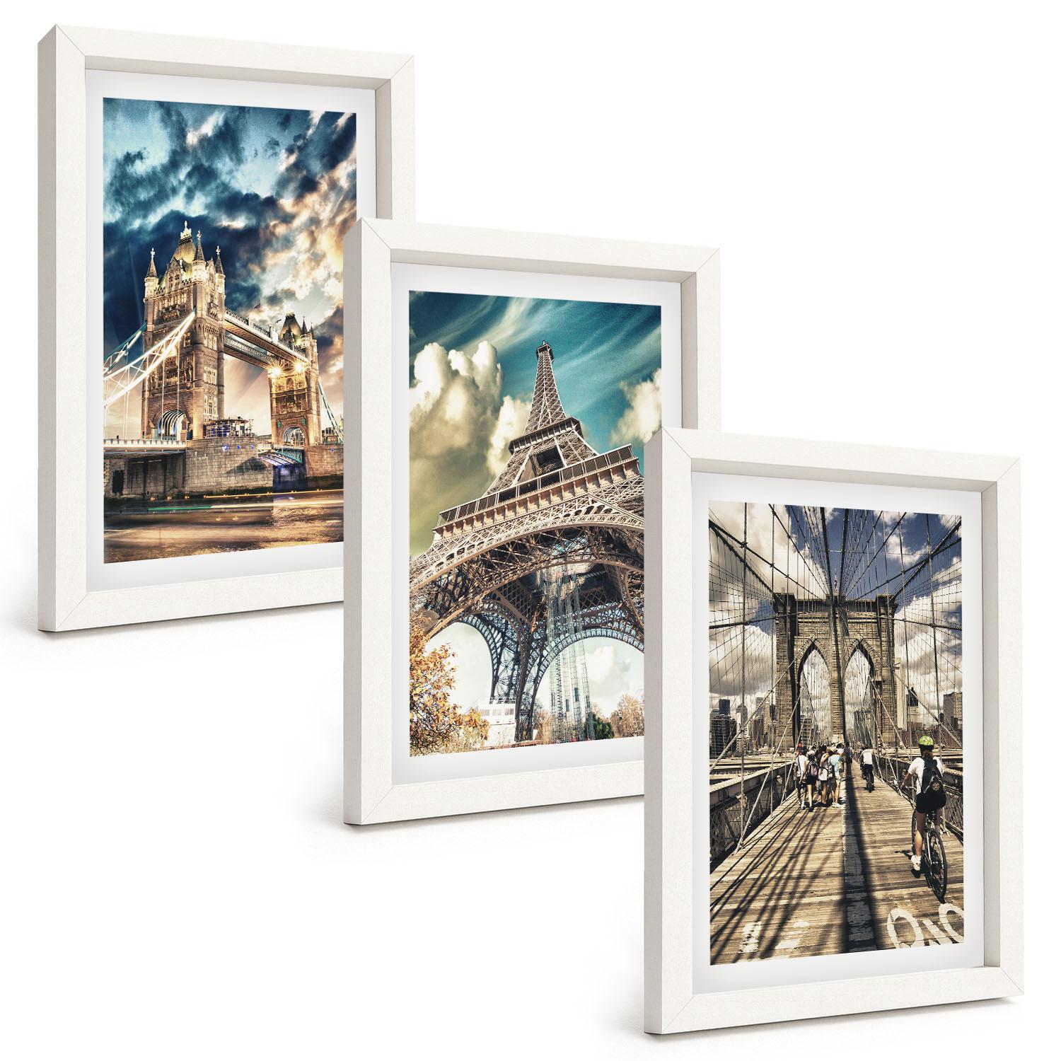 BILDER SET 3er Set - 20x30 cm Weißer Rahmen - Brücken, Türme, europäische Städte - Weiß, Kunststoff (20/30cm) - TULUP