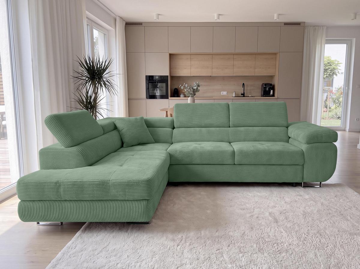 ECKSOFA L Form Konak Salbeigrün 276/201/90 cm Links mit Schlaffunktion - Salbeigrün/Silberfarben, Textil/Metall (203/276cm) - AX Living