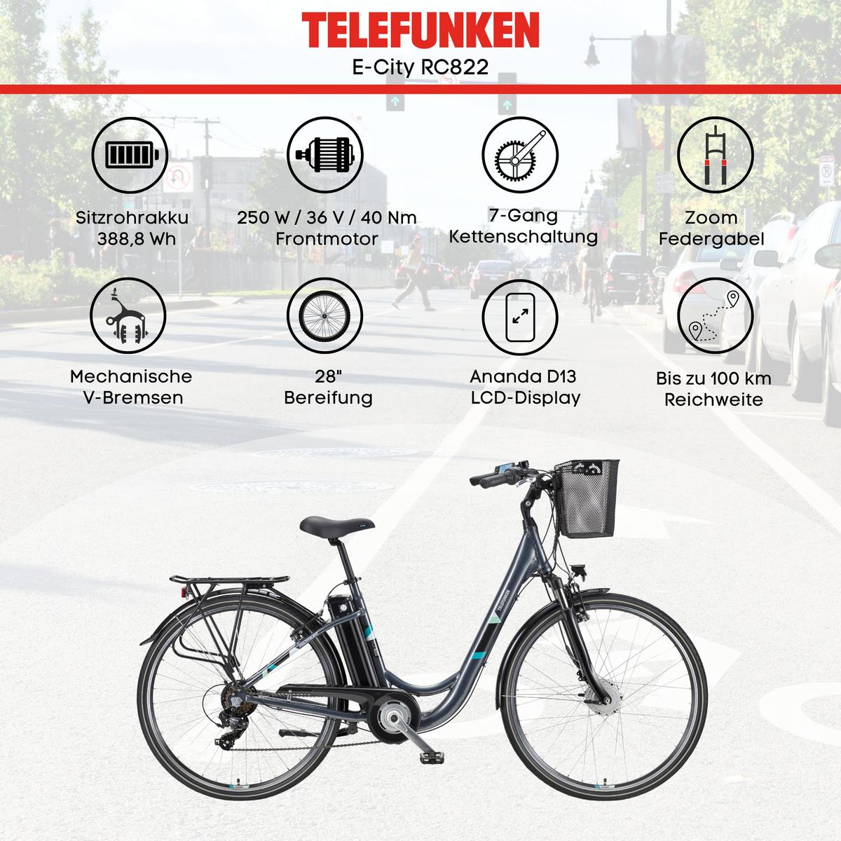 E-BIKE Cityrad Multitalent RC822 Für Damen u. Herren 374,4 Wh Frontmotor 7-Gang-Kettenschaltung 28 Zoll - Anthrazit, Metall (114.5cm) - Telefunken