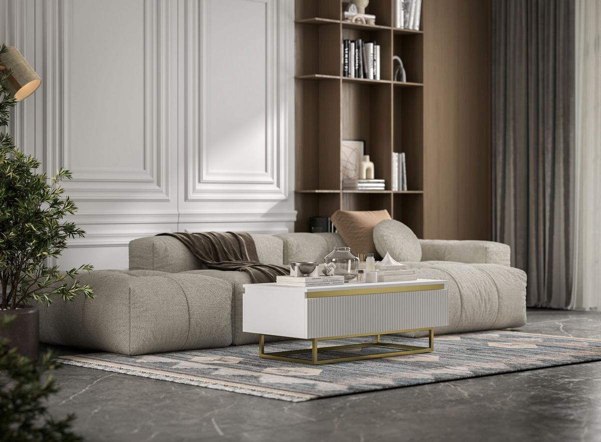 COUCHTISCH Selene Weiß matt 109 cm mit Metallrahmen - Goldfarben/Weiß, Holzwerkstoff/Metall (50/109/39cm) - Meble Lindner
