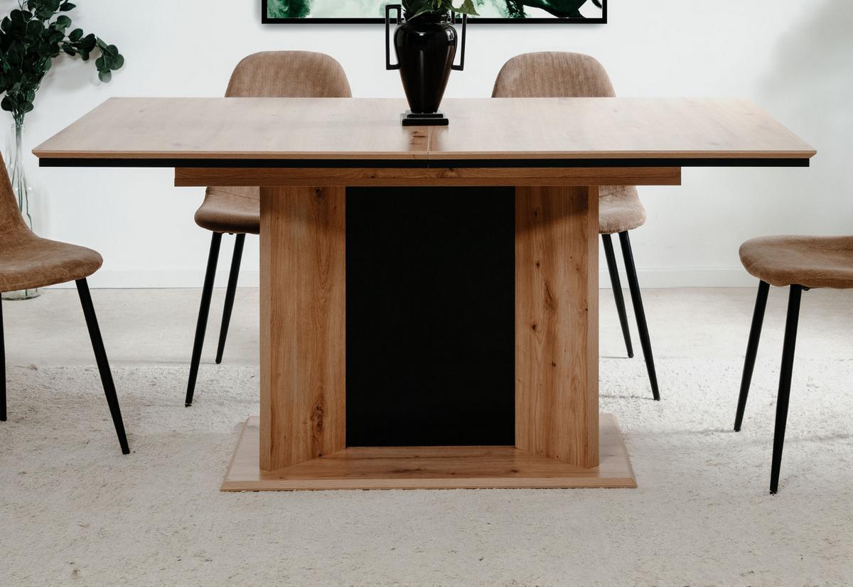 ESSTISCH Eiche Artisan, schwarz, Säulentisch ausziehbar 160 - 200 x 90 cm - Schwarz/Eiche Artisan, Holzwerkstoff (160/90/76cm) - Furn.Design