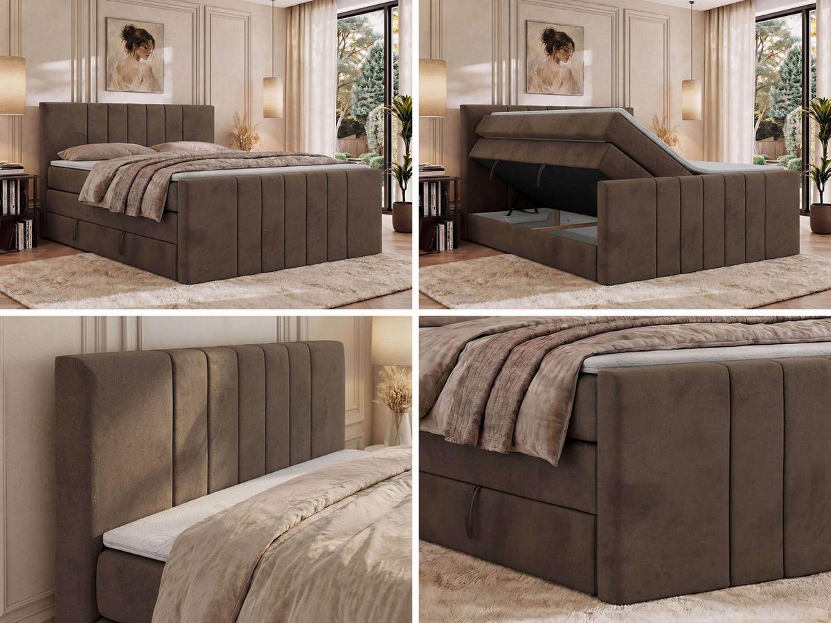 BOXSPRINGBETT INERO DUO KING 200/200 - Braun Velvet - Topper Visco - H3 - Schwarz/Braun, Kunststoff/Textil (200/200cm) - MKS