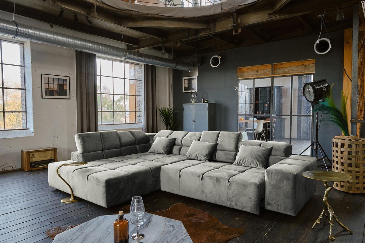 ECKSOFA MIT MOTORISCHEM SITZVORZUG NEVADA Silber Velvet Relaxfunktion - Silberfarben/Schwarz, Textil (319/215cm) - KAWOLA