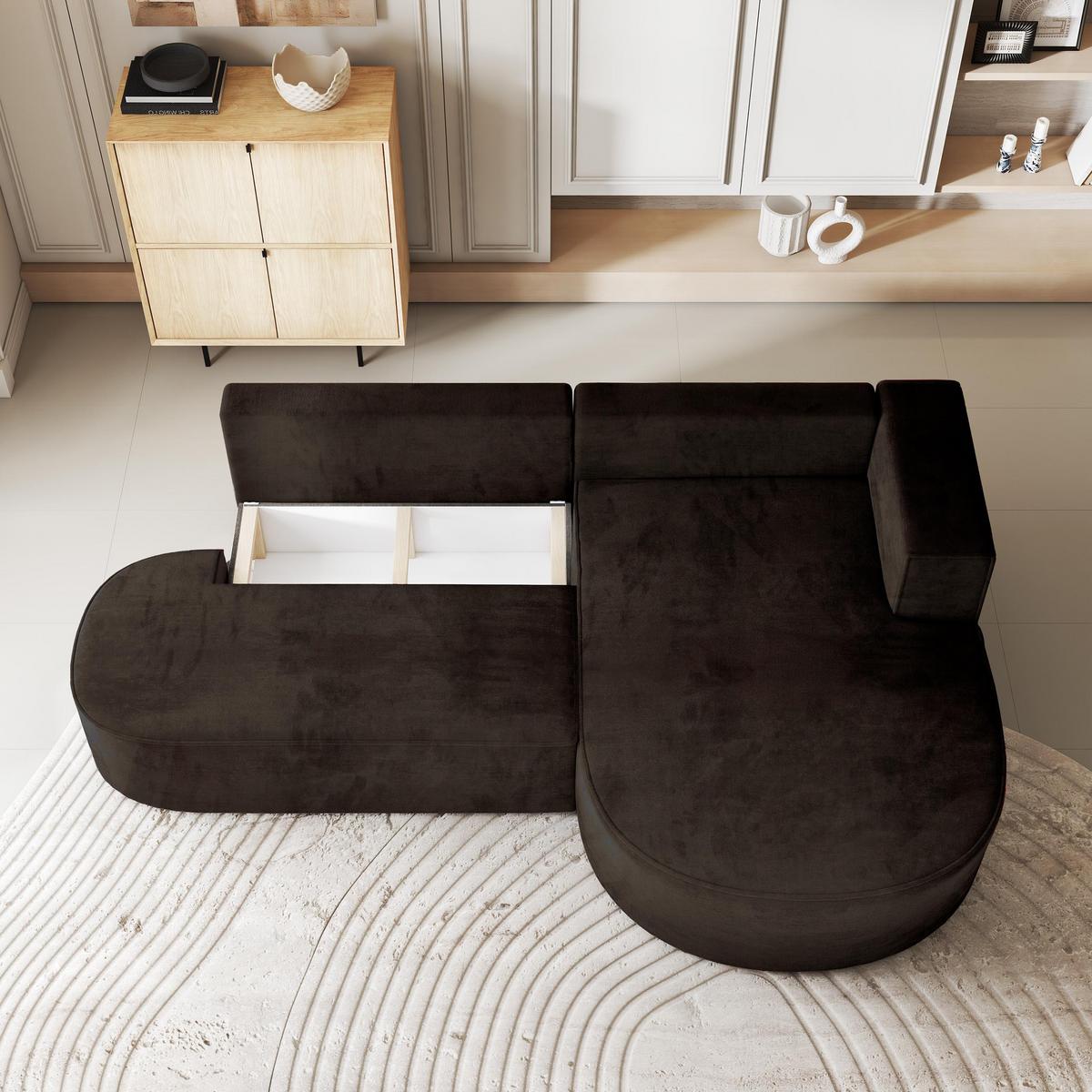 ECKSOFA CORTIO M R-S Braun Velours-Stoff mit Schlaffunktion - Braun/Grau, Holz/Kunststoff (265/174cm) - MASSENO