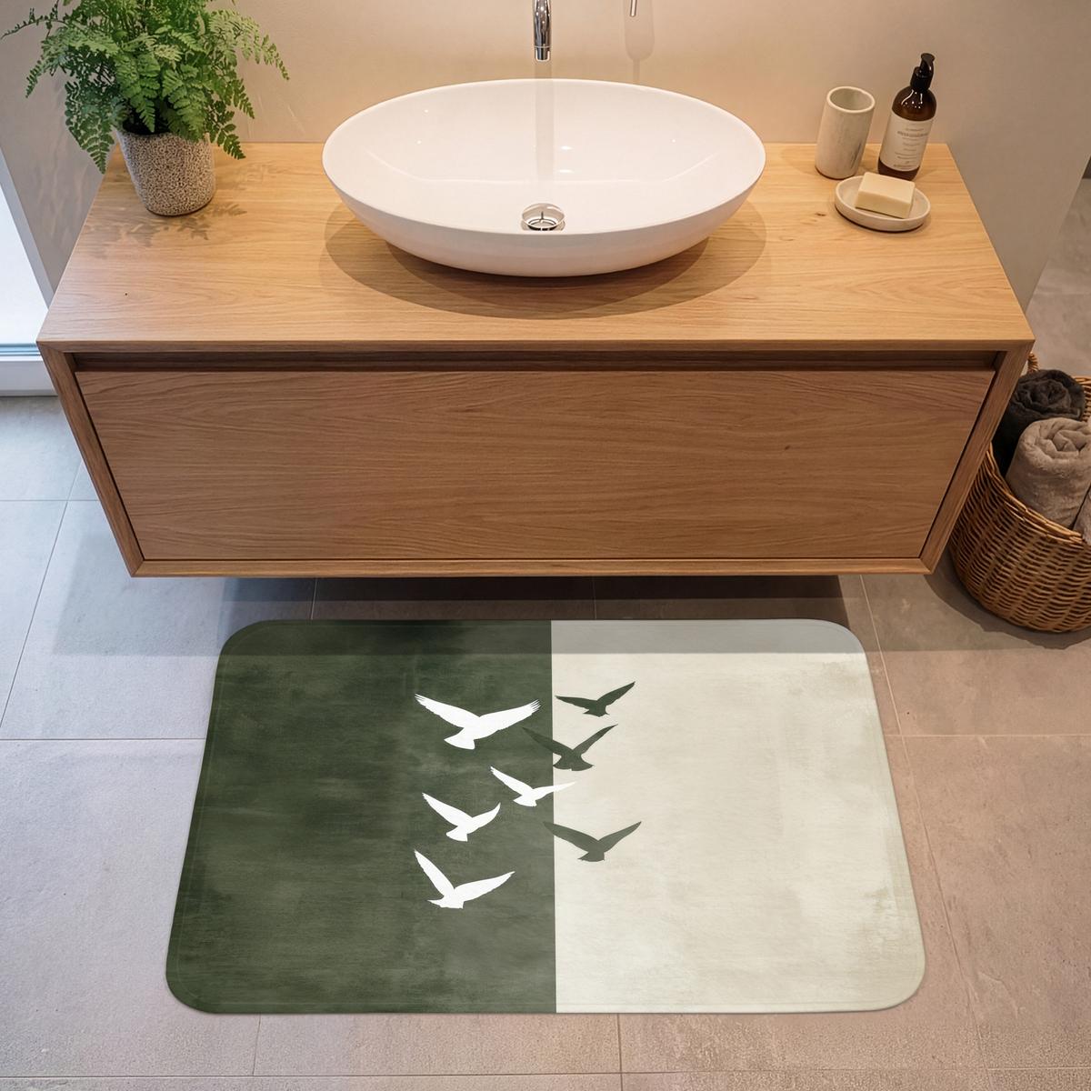 BADEMATTE Japandi - Vogel - Grün 90x60 cm - Olivgrün, Textil (90/60cm) - OnlyWow