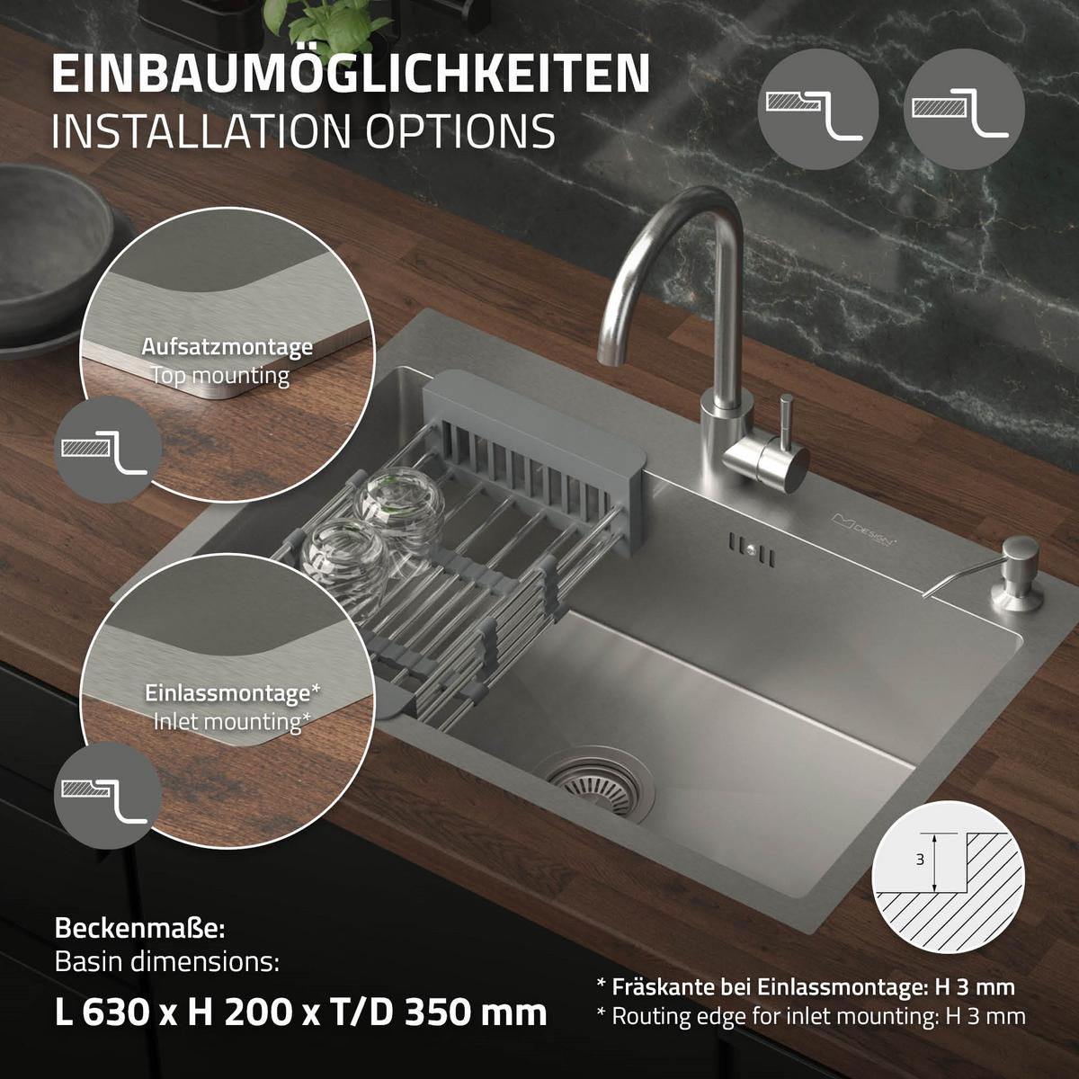 SPÜLBECKEN aus Edelstahl 68x45 cm mit Siphon und Seifenspender - Silberfarben, Metall (45/19/68cm) - ML-DESIGN