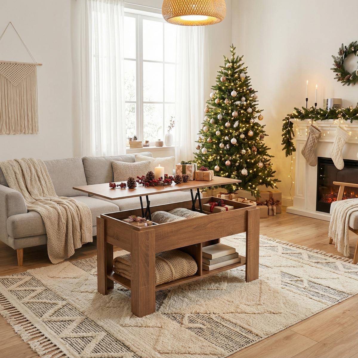 COUCHTISCH mit Lift-Top, Stauraum und Ablagefach, Eiche Optik - Goldfarben/Weiß, Holz (96/50/47cm) - Urban Meuble