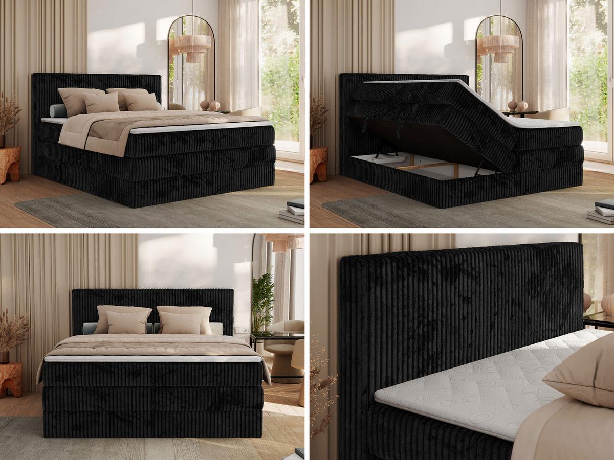 BOXSPRINGBETT TILIANO KING - 160/200 - Schwarz Cord - H4 - Schwarz, Holz/Textil (160/200cm) - MKS