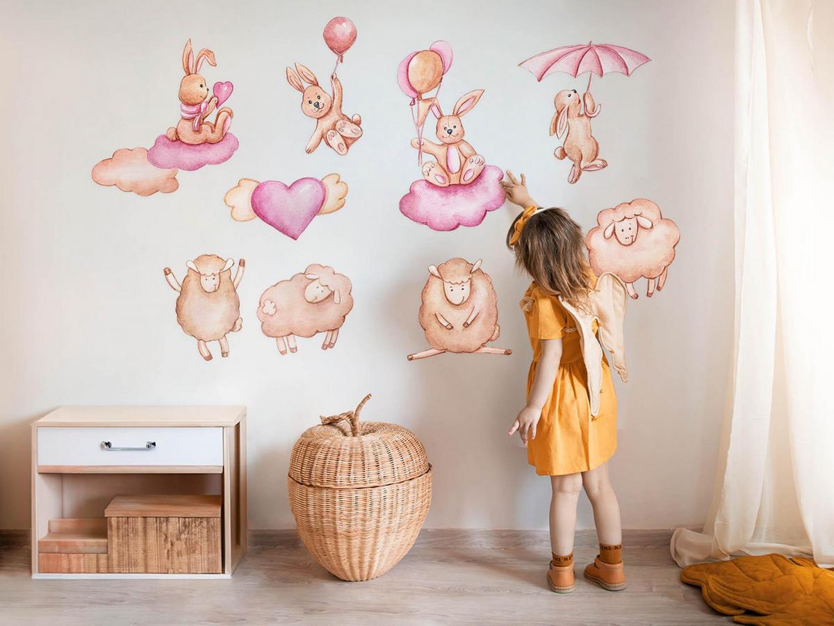 WANDAUFKLEBER 80x128cm - Schafe, Lämmer und Kaninchen - Multicolor, Kunststoff (80/128/0.1cm) - Wallfluent