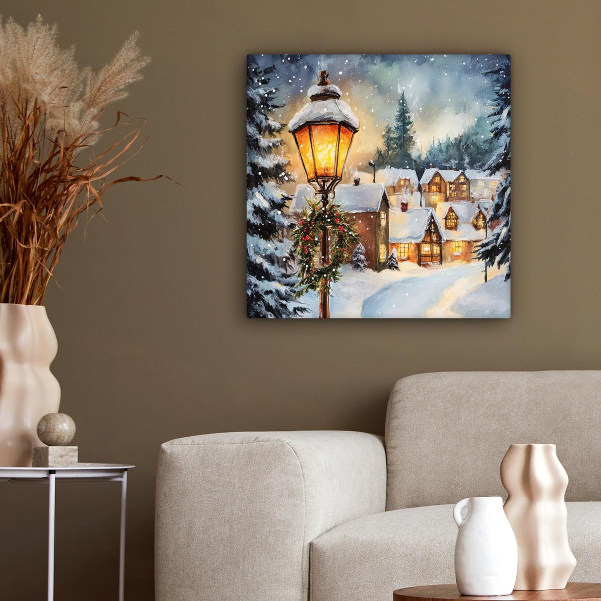LEINWANDBILD Weihnachtsdorf - Häuser - Schnee - Weihnachten Wandbild Wohnzimmer 50x50 cm - Sandfarben, Textil (50/50cm) - MuchoWow