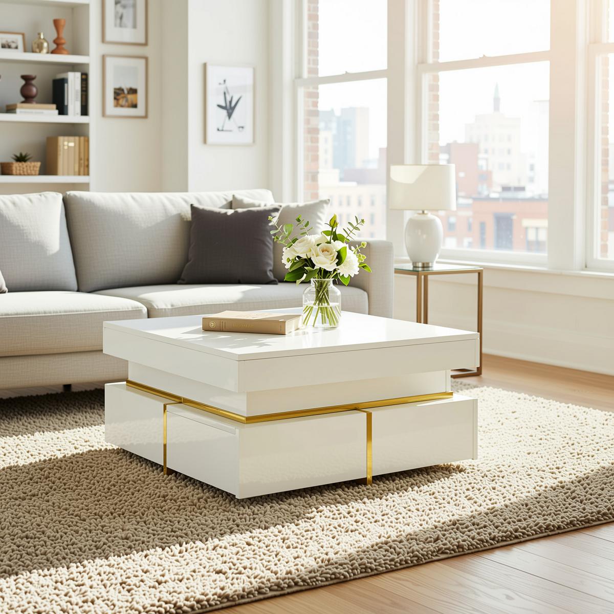 COUCHTISCH mit goldenen akzenten, 2 schubladen & kompaktes design - Weiß, Holzwerkstoff (70/70/35.5cm) - Urban Meuble
